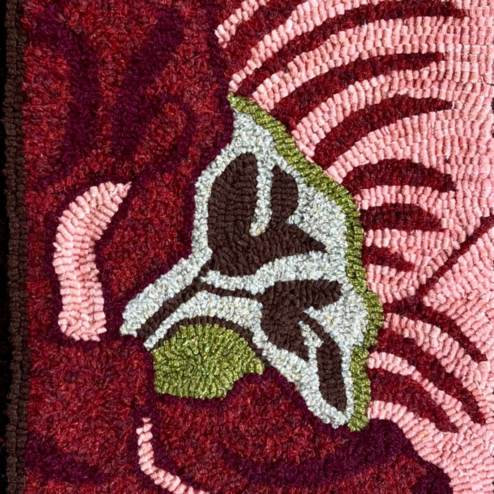 x  Crimson- PDF Rug Hooking Digital Download Pattern by Orphaned Wool. This is a 5 page downloadable file of an abstract vertical flower design in crimson colors. Paper pattern is designed to be enlarge will size suggestions and formula. Copyright © 2023 Kelly Kanyok