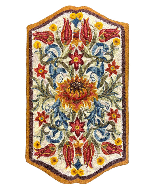  Delight- Paper Rug Hooking or Rug Punch Needle Pattern by Orphaned Wool. This is a timeless floral design inspired by the Arts and Crafts movement. The curved edges create an elegance to the design. This is a paper pattern that is formatted to be enlarged. You can choose what size Delight pattern you wish to create with this paper pattern. Copyright 2022- Kelly Kanyok / Orphaned Wool.