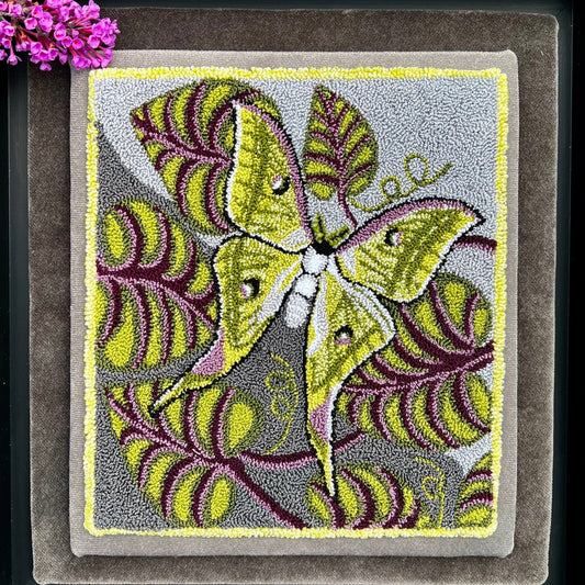 Luna Moth- Needle Punch Pattern by Orphaned Wool, Copyright © 2023 Kelly Kanyok. This pattern of a Luna Moth in the leaves is available as a Paper or Cloth pattern.
