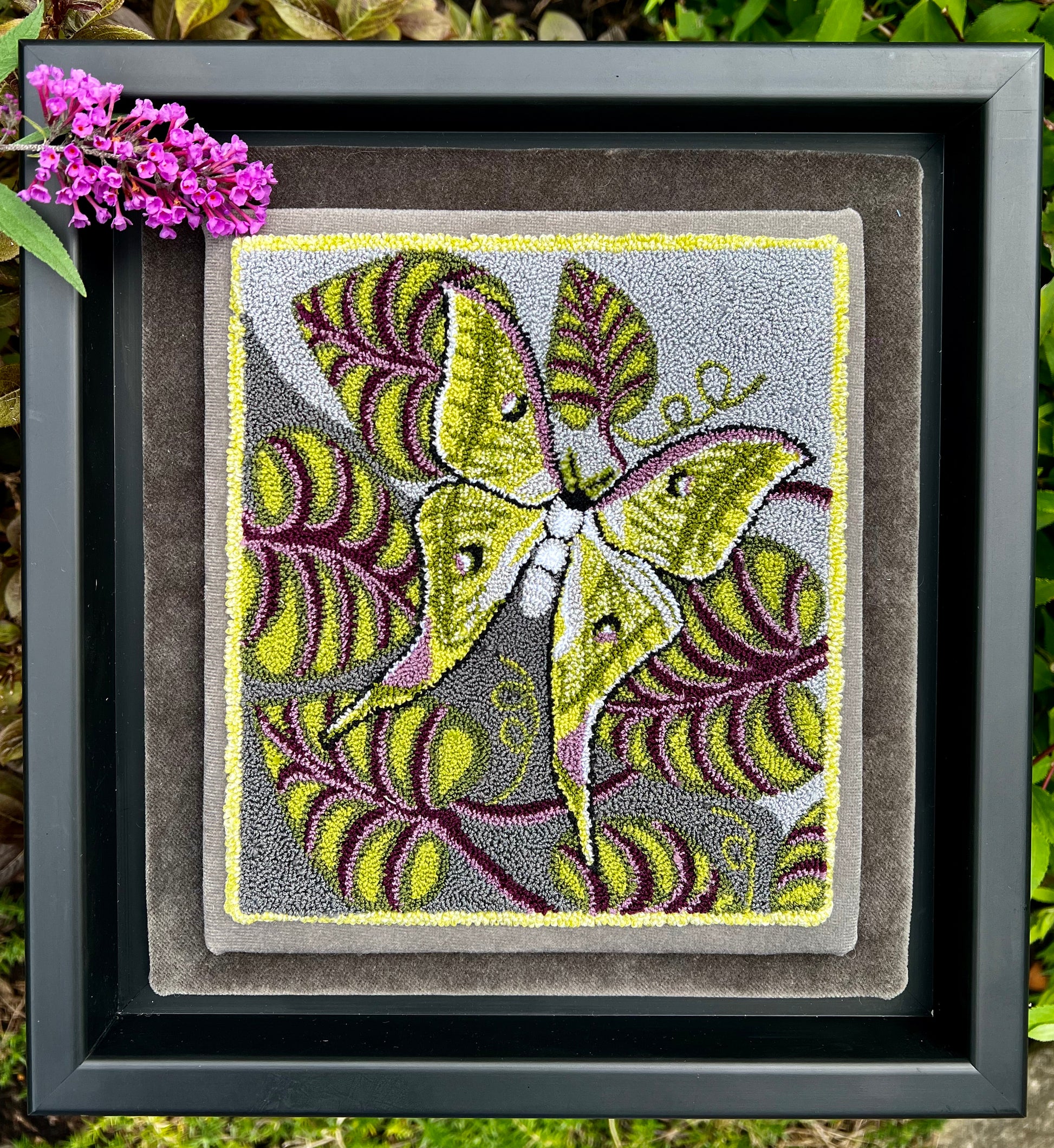 Luna Moth Needle Punch Pattern with custom thread kit by Orphaned Wool, Copyright © 2023 Kelly Kanyok. This pattern of a Luna Moth within the leaves is available as a Paper or Cloth pattern.