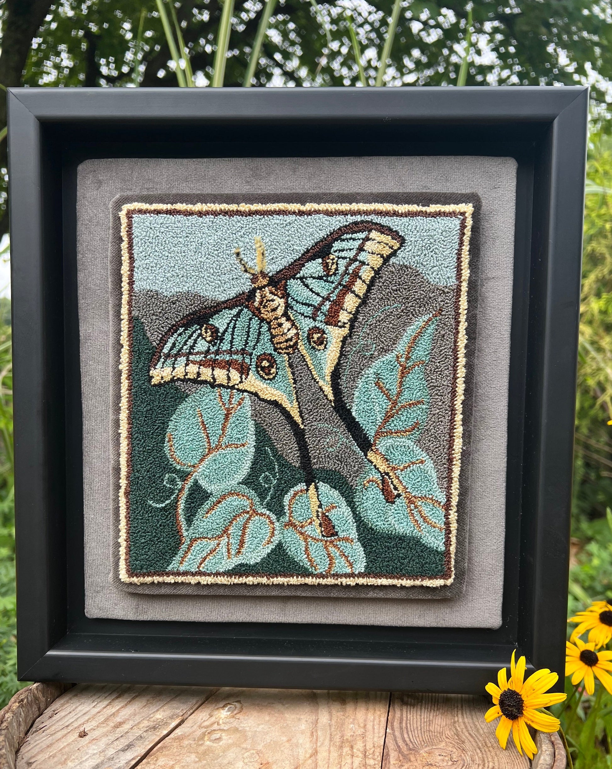 Spanish Moon Moth- Punch Needle Pattern by Orphaned Wool, Copyright © 2023 Kelly Kanyok. This is a beautiful nature inspired design of a this vibrant Spanish Moon Moth. Available as a Paper pattern or a printed on cloth pattern.