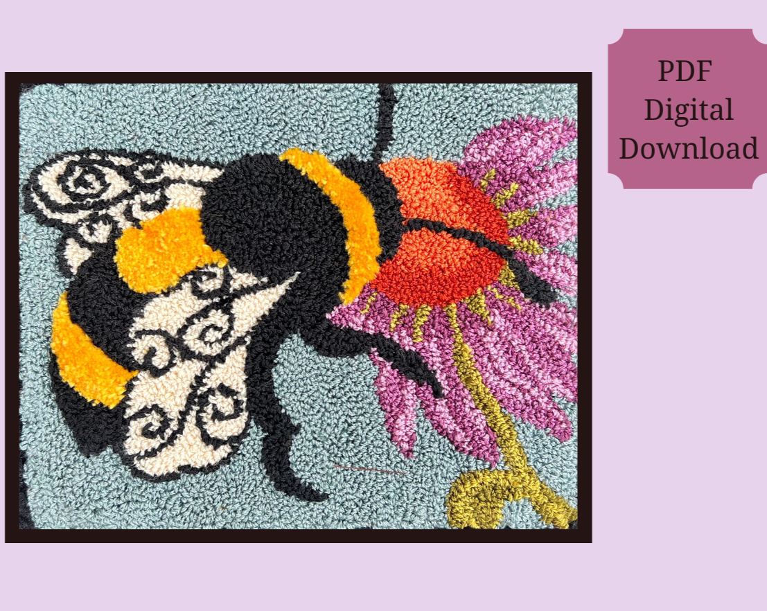 A Bee's Kiss- PDF Rug Hooking Digital Download Pattern by Orphaned Wool, Copyright © 2023 Kelly Kanyok. Create a incredible rug, wall hanging or pillow with this sweet bumblebee design of a bee feeding from a vibrantly colored flower.