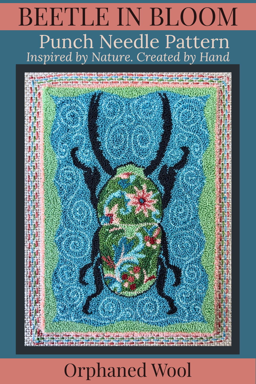 Decorative Punch Needle Pattern with a floral beetle design on a blue background by Orphaned Wool