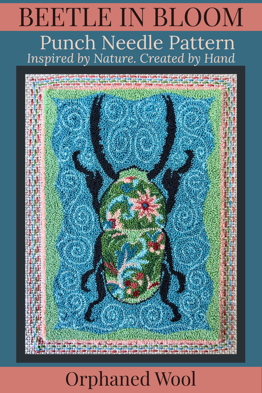 Decorative Punch Needle Pattern with a floral beetle design on a blue background by Orphaned Wool