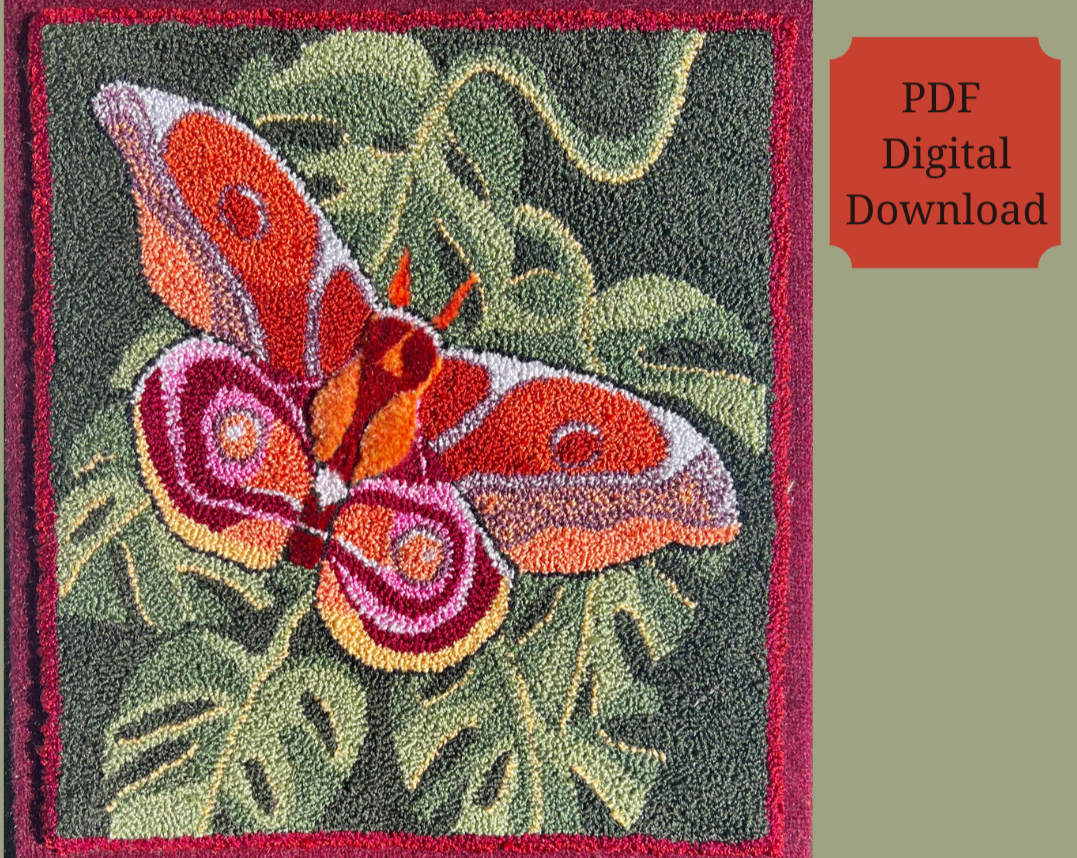 The Bullseye Moth PDF Rug Hooking Digital Download Pattern by Orphaned Wool, copyright 2023 Kelly Kanyok. Create a stunning pillow, rug or wall hanging with this Bullseye Moth design.