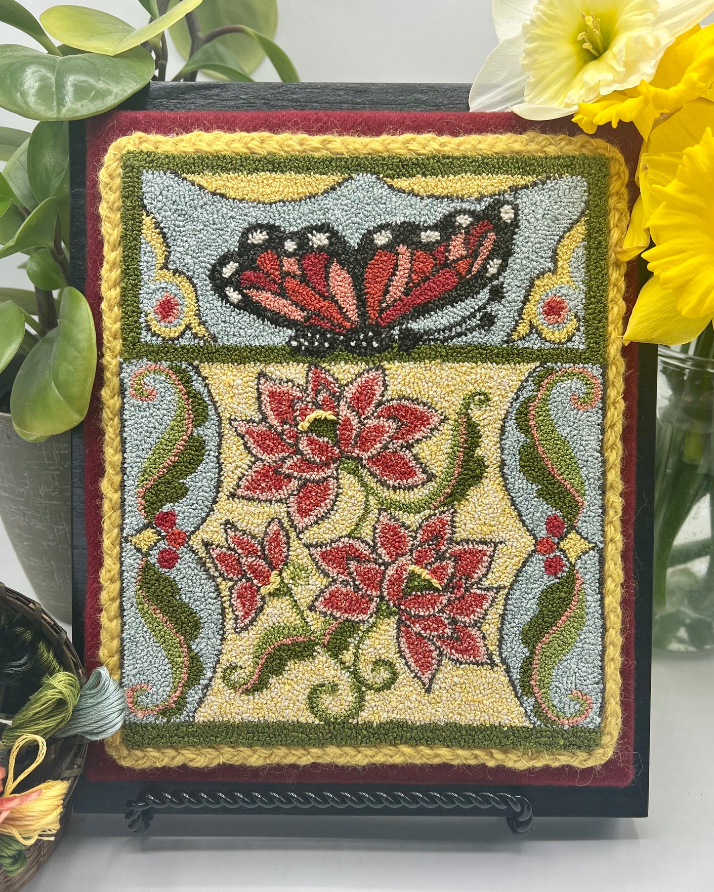 Summertime-PDF Punch Needle Pattern Digital Download by Orphaned Wool. This is the second pattern in the Seasonal Collection of four patterns. Enjoy creating this lovely Butterfly and Floral design. Copyright 2022 Kelly Kanyok, Orphaned Wool.