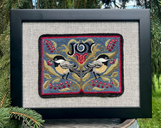 Chickadee Joy punch needle pattern featuring two chickadees and winter berries