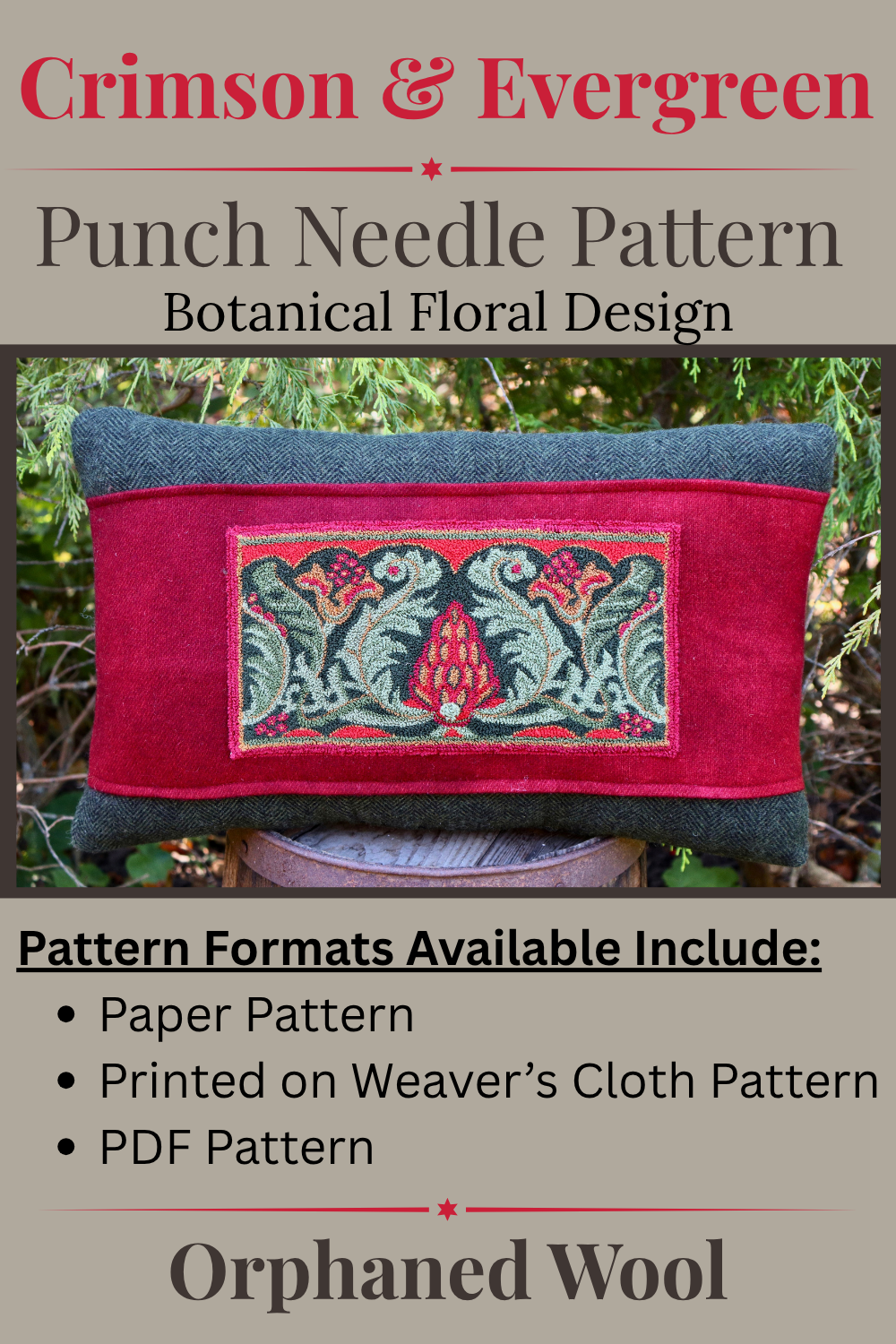 
Crimson & Evergreen botanical pattern by Orphaned Wool, featuring rich crimson flowers and evergreen foliage in a vintage-inspired seasonal design.