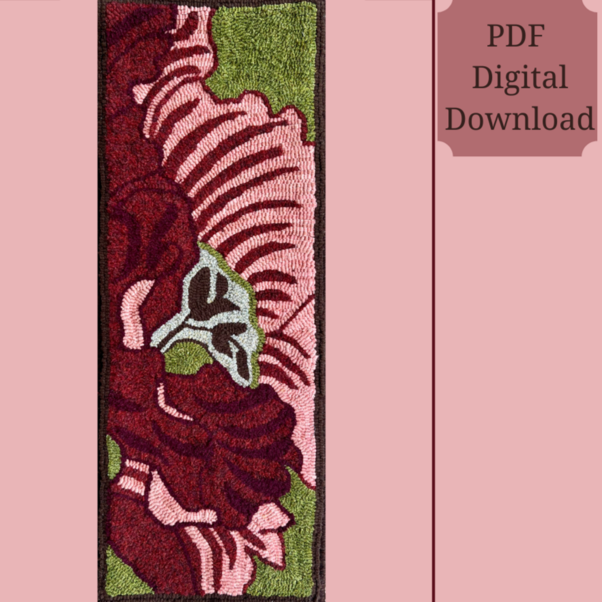 Crimson- PDF Rug Hooking Digital Download Pattern by Orphaned Wool. This is a 5 page downloadable file of an abstract vertical flower design in crimson colors. Paper pattern is designed to be enlarge will size suggestions and formula. Copyright © 2023 Kelly Kanyok