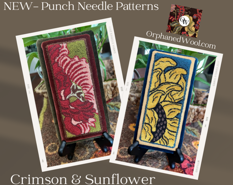  Crimson- Punch Needle Pattern available as a Paper or Cloth printed pattern, by Orphaned Wool. A petite floral abstract design, by Kelly Kanyok Copyright © 2023 Kelly Kanyok