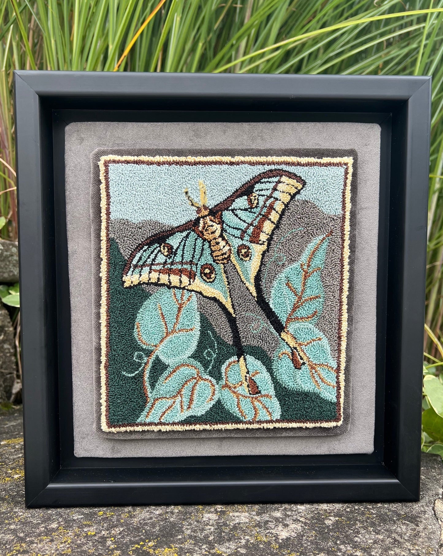Spanish Moon Moth- Punch Needle Pattern by Orphaned Wool, Copyright © 2023 Kelly Kanyok. This is a beautiful nature inspired design of a this vibrant Spanish Moon Moth. Available as a Paper pattern or a printed on cloth pattern.