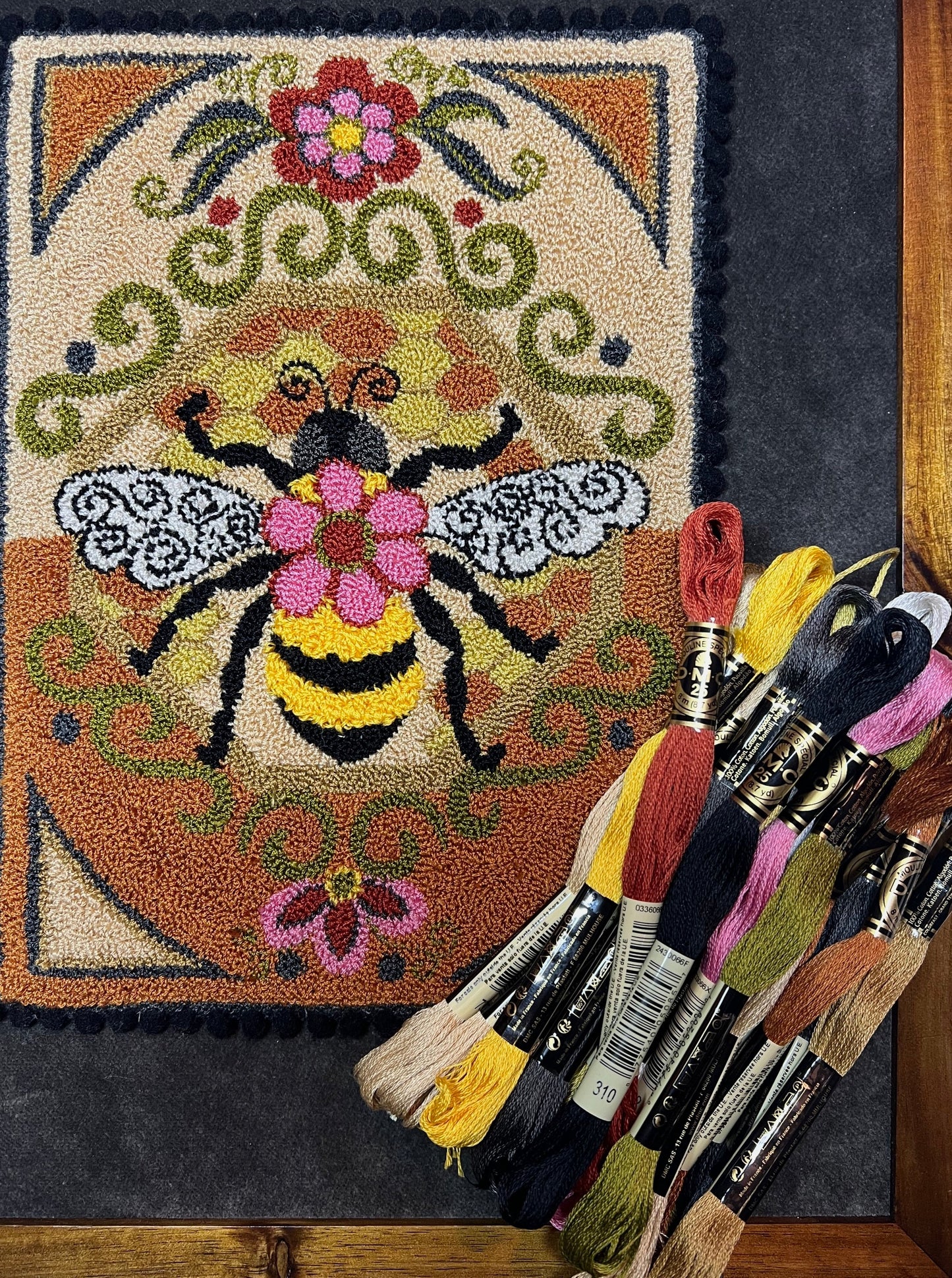 Bumblebee I pattern with Thread kit, available in DMC Threads or Valdani threads by Orphaned Wool. Copyright 2019 Kelly Kanyok