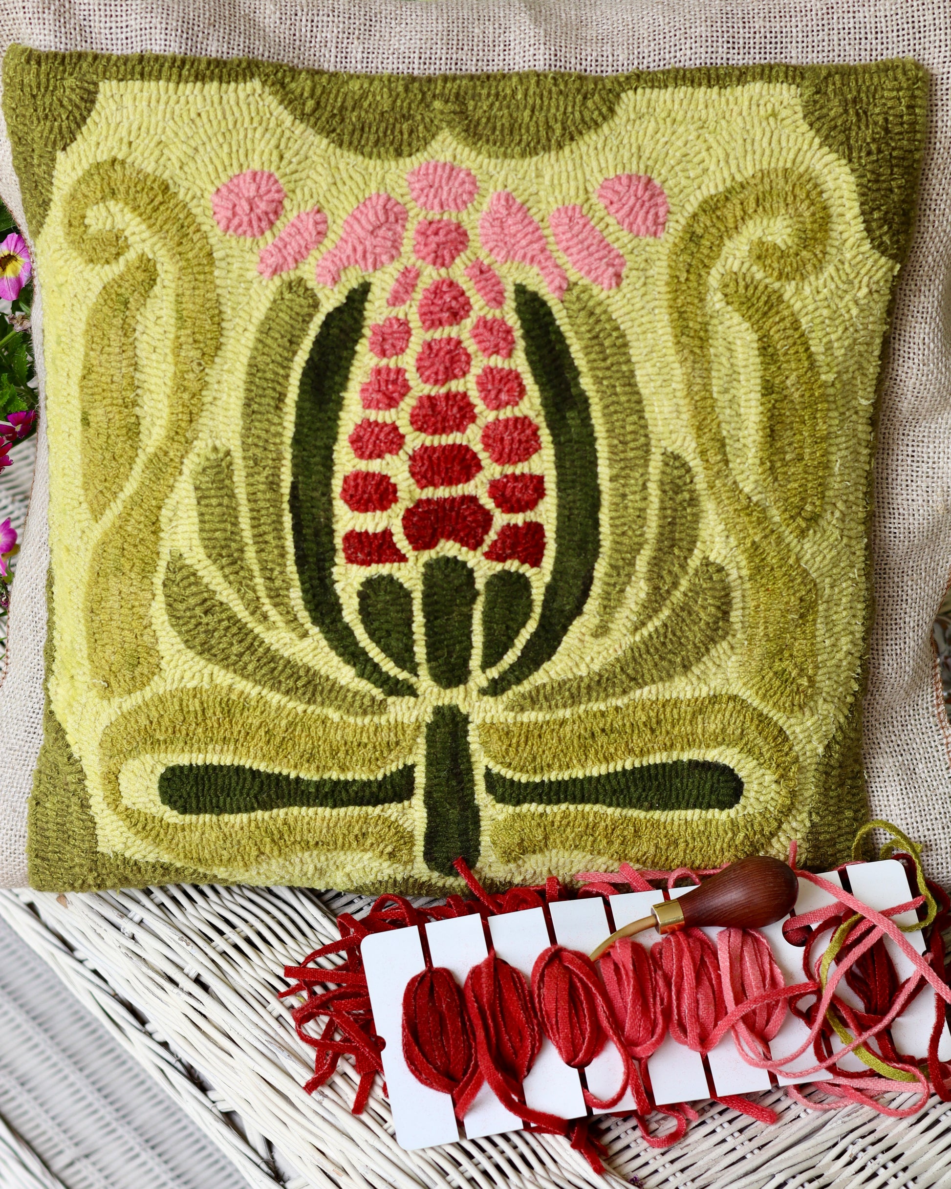 Deco Bloom -  Rug Hooking Pattern finished as a square pillow design by Orphaned Wool