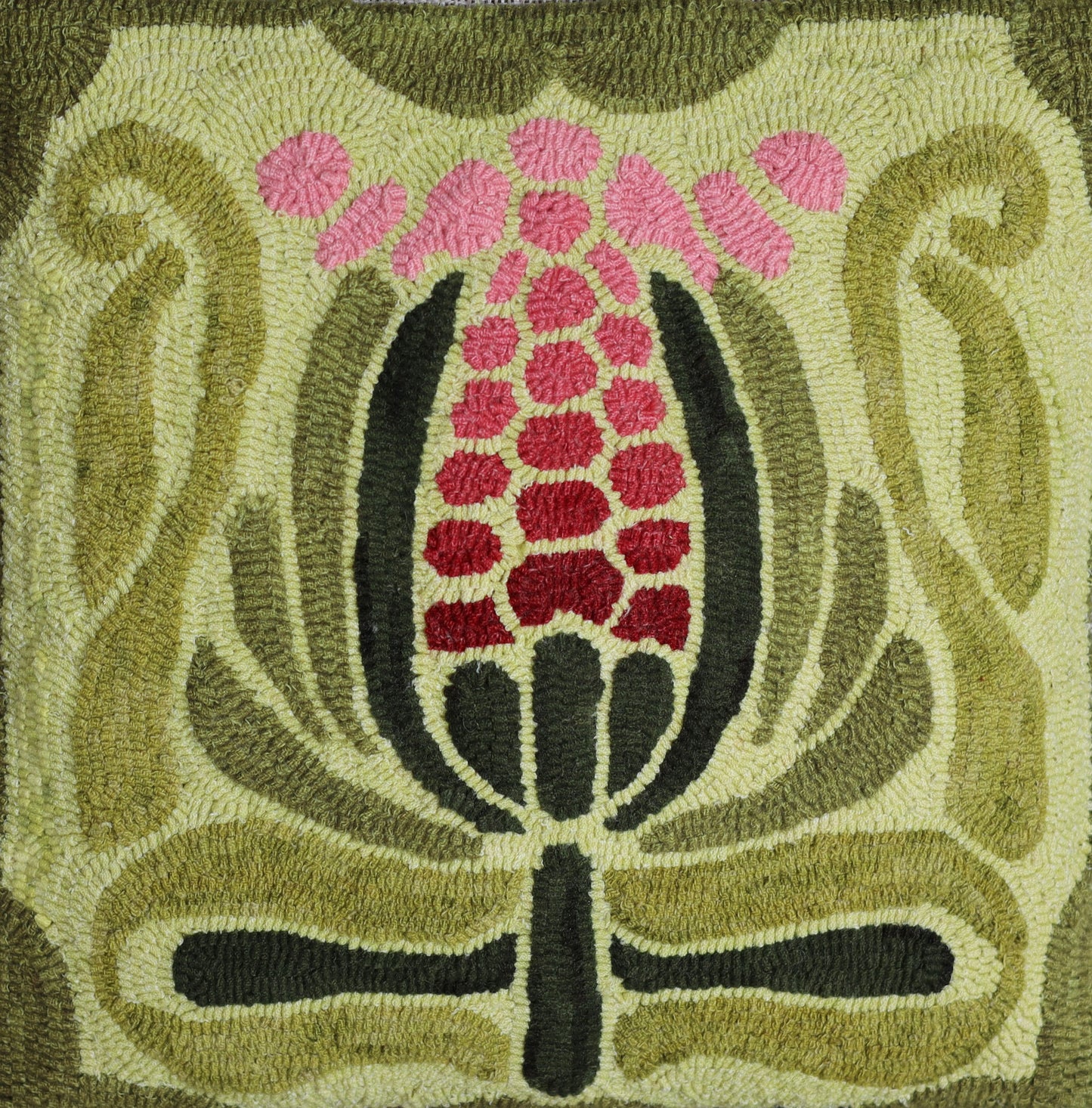Deco Bloom -  Rug Hooking Pattern finished as a square pillow design by Orphaned Wool