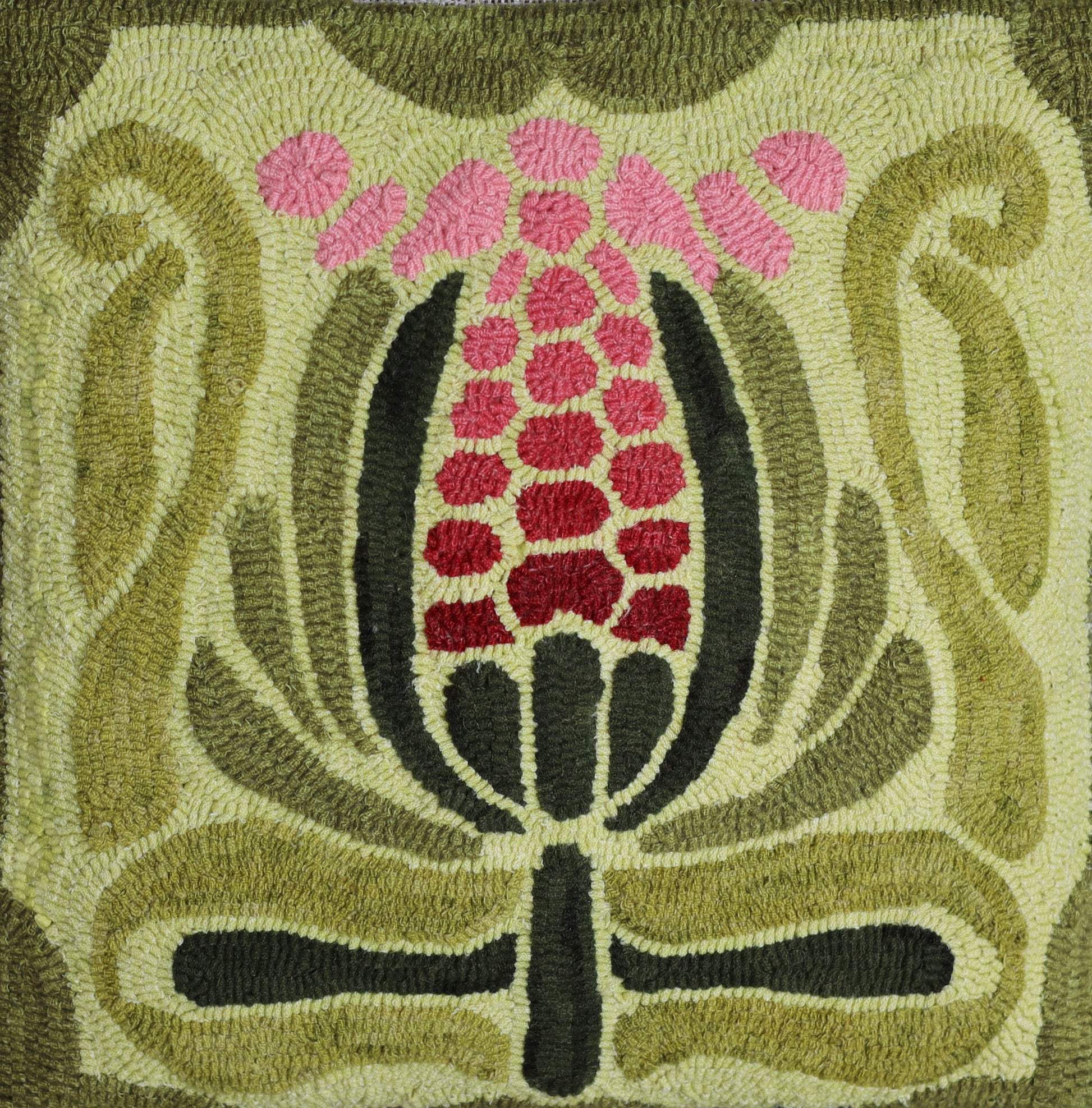 Deco Bloom -  Rug Hooking Pattern finished as a square pillow design by Orphaned Wool