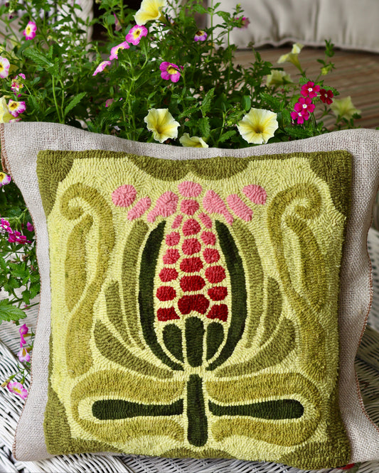 Deco Bloom -  Rug Hooking Pattern finished as a square pillow design by Orphaned Wool