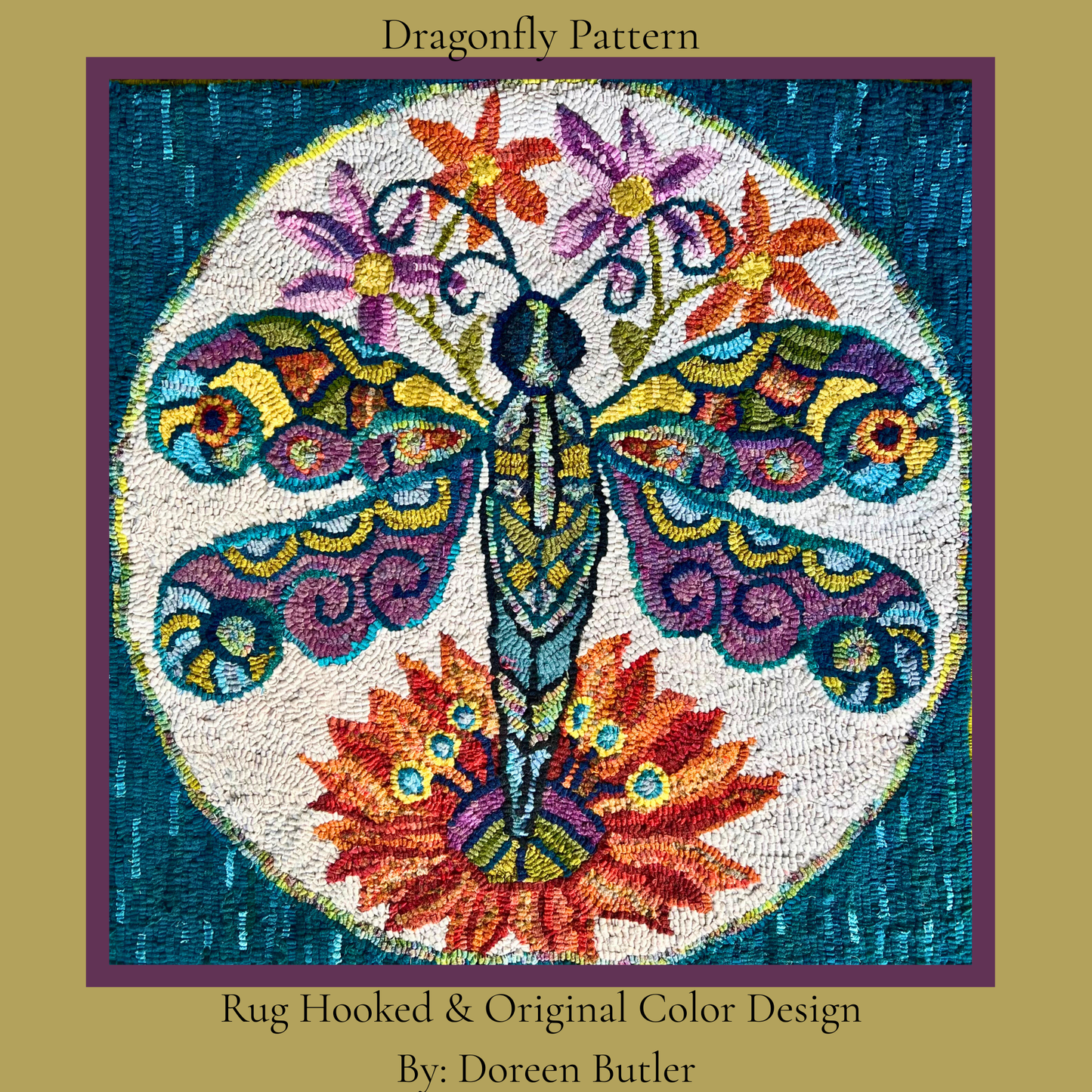 Colorful rug hooking design of a dragonfly with flowers on a textured background Pattern by Orphaned Wool