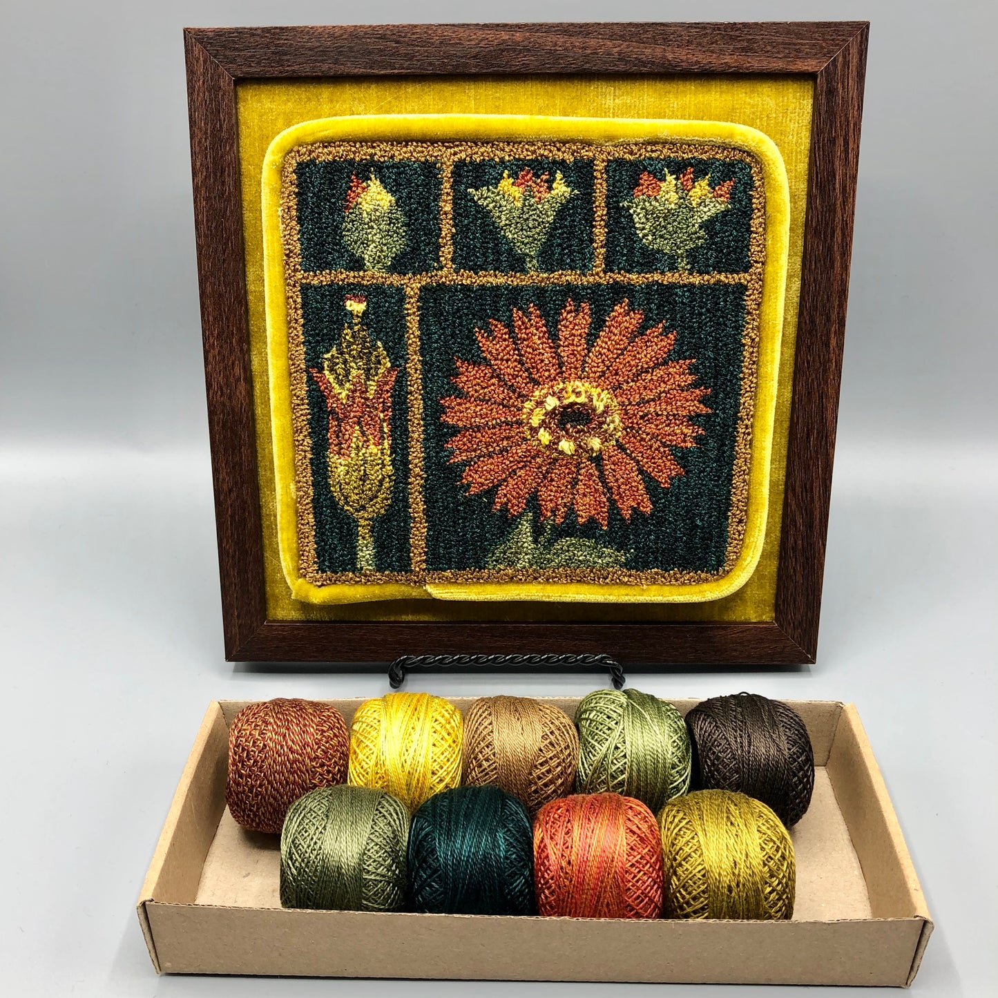 Marigold Punch Needle Pattern With Valdani Thread Kit, available as a paper or cloth pattern by Orphaned Wool. Copyright Kelly Kanyok