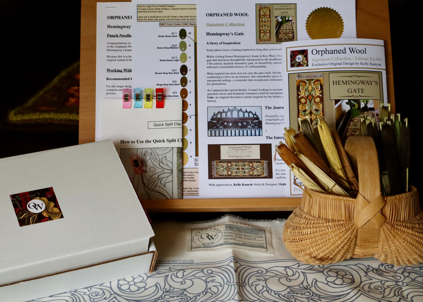 Hemingway's Gate Signature Collection Pattern from Orphaned Wool -Punch Needle Pattern printed on weaver's cloth & exclusive DMC thread kit