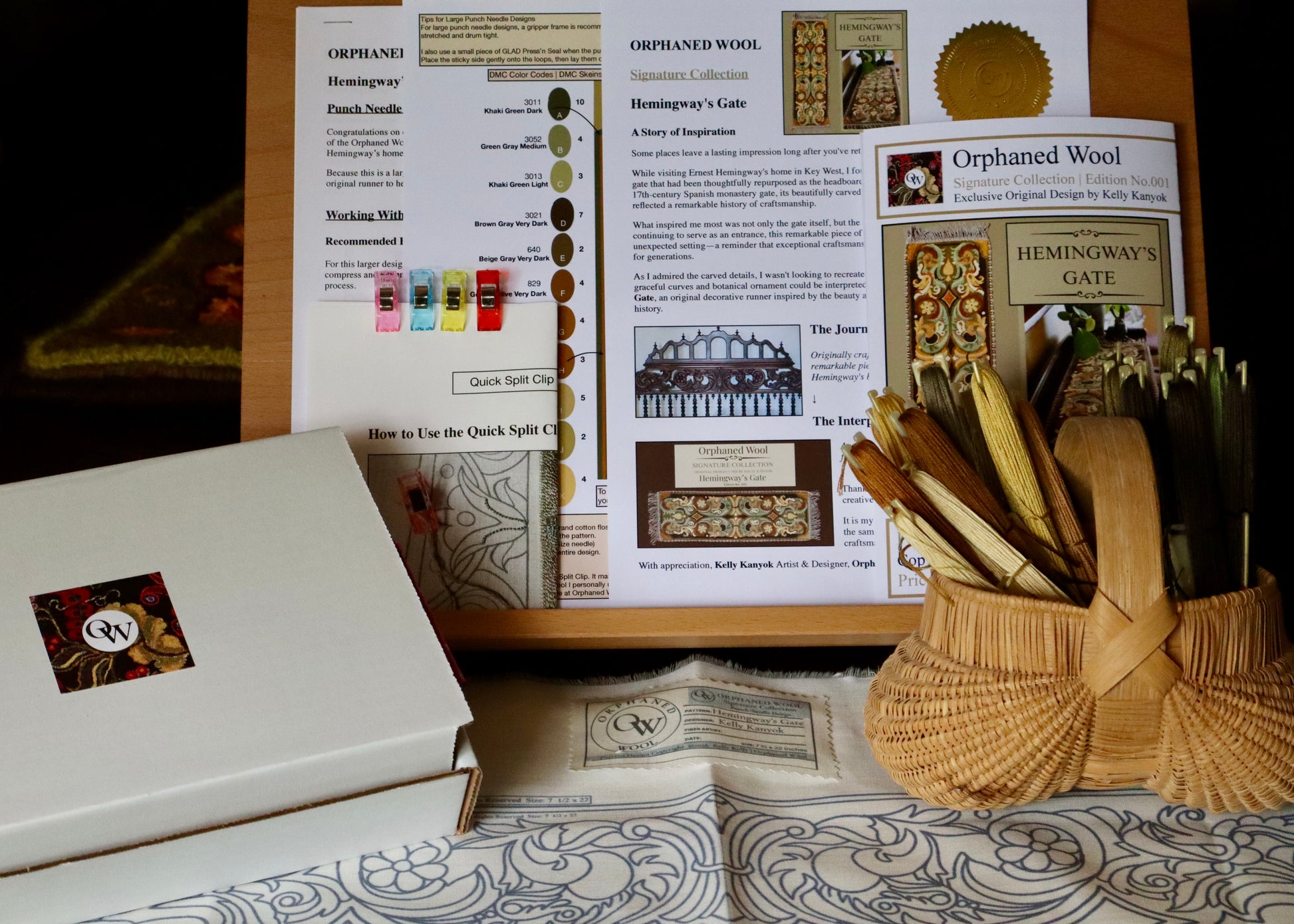 Hemingway's Gate Signature Collection Pattern from Orphaned Wool -Punch Needle Pattern printed on weaver's cloth & exclusive DMC thread kit