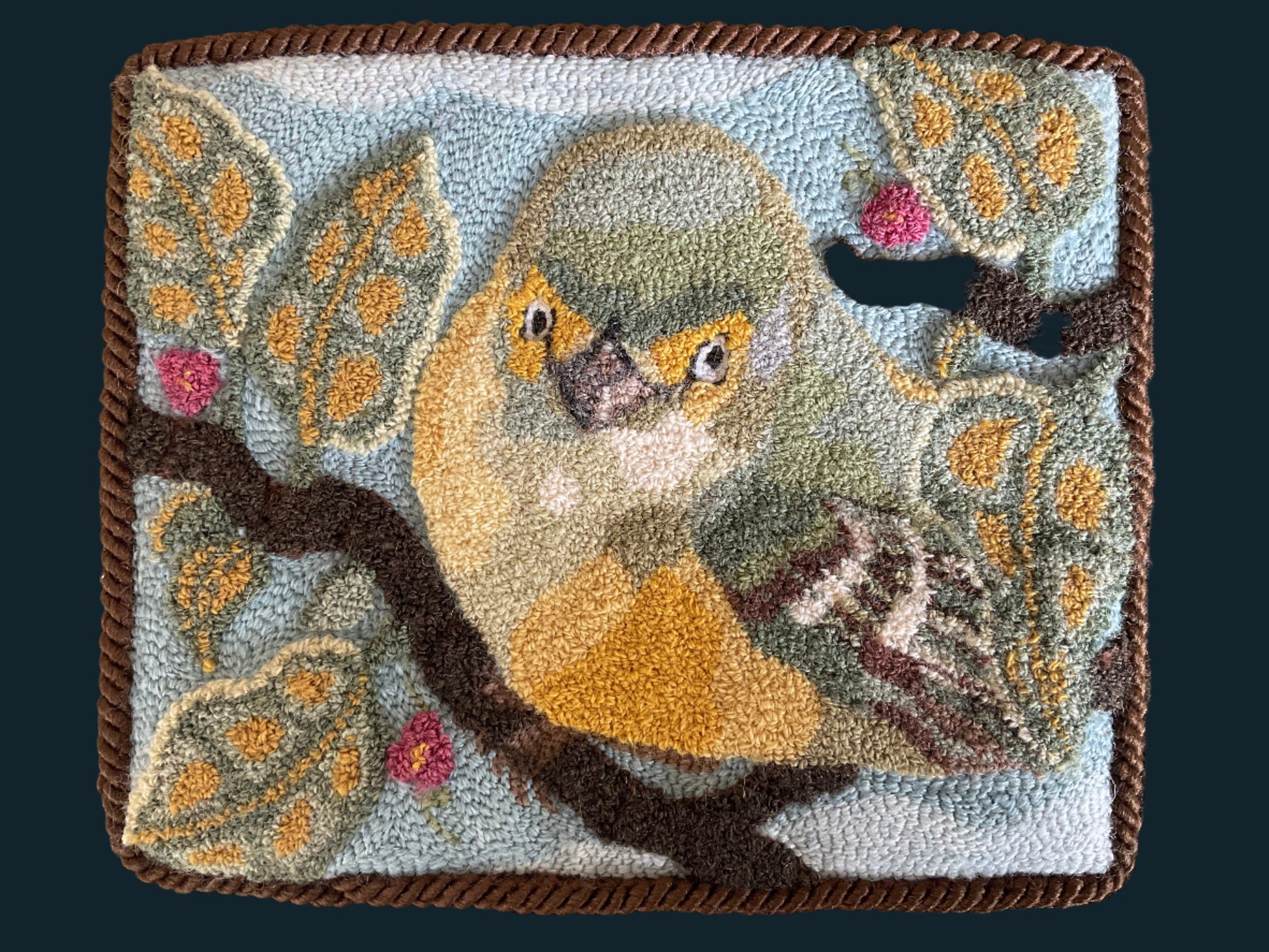 White-Eyed Vireo Bird Linen Rug Hooking pattern by Orphaned Wool copyright 2024 Kelly Kanyok. This is a hand-drawn pattern on quality linen, pattern size 24 x 30 Inches.