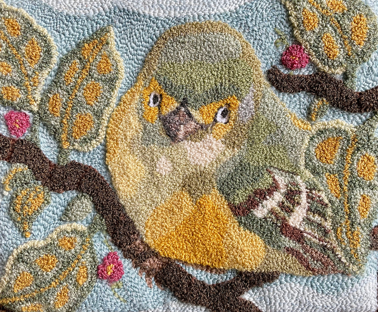 White-Eyed Vireo Bird PDF Punch Needle Pattern Digital Download, copyright 2024 Kelly Kanyok, Orphaned Wool. This pattern depicts the White-Eyed Vireo Bird on a tree branch with leaves and flowers. Pattern offer instruction on creating the design as a dimensional  or regular punch needle pattern.