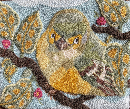 White-Eyed Vireo Bird Paper Rug Hooking pattern by Orphaned Wool, copyright 2024 Kelly Kanyok. This pattern was designed for enlargement  ad freatures a White-Eyed Vireo Bird resting amongst the branches. Pattern provides enlargement size suggestions and instructions.