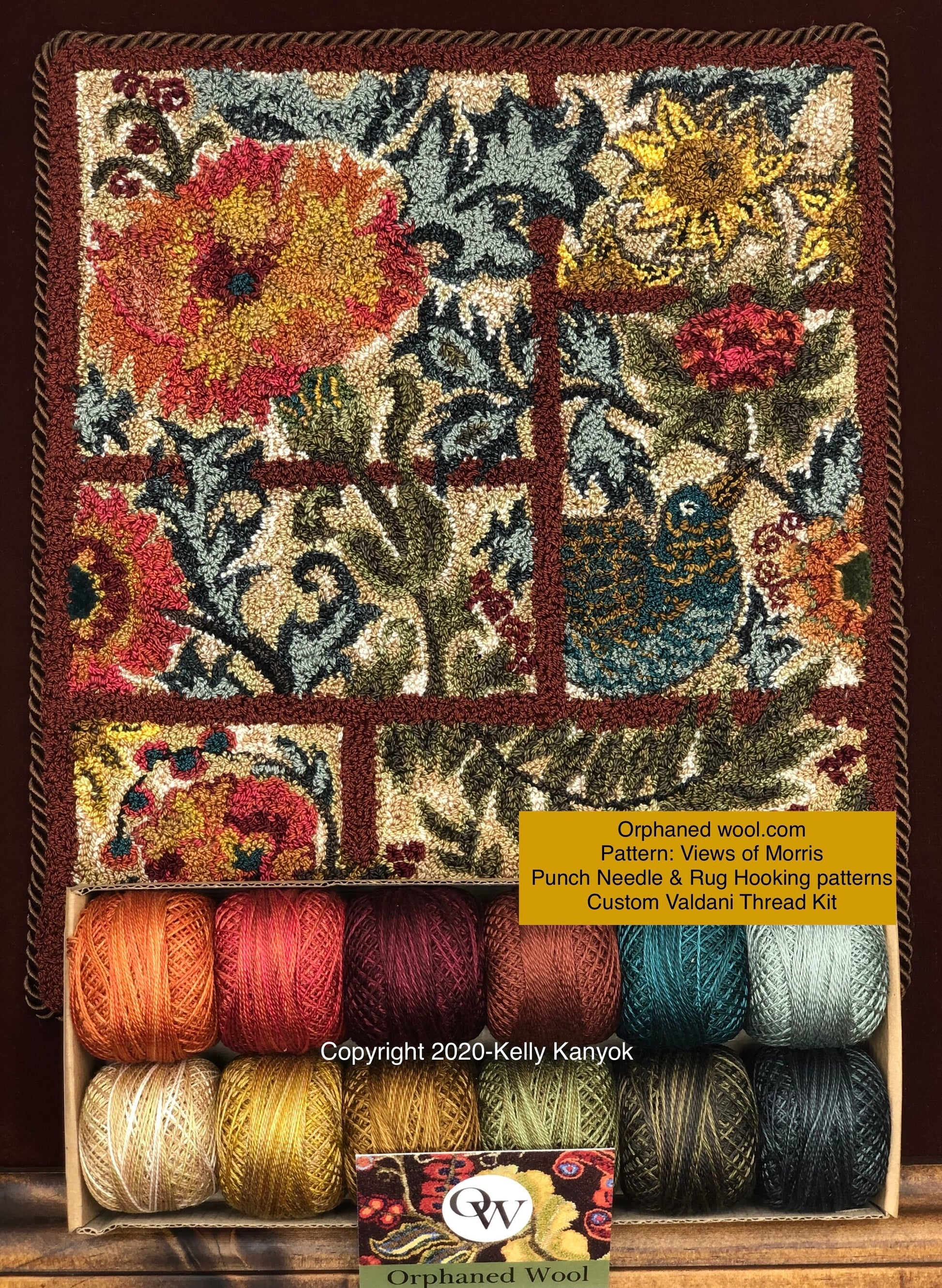 Views of Morris- Punch Needle Patten with Thread Kit by Orphaned Wool. Available as a Paper or Cloth Pattern Copyright Kelly Kanyok 2020
