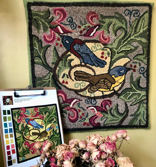 Berry Birds rug hooking pattern by Orphaned Wool copyright 2019 Kelly Kanyok