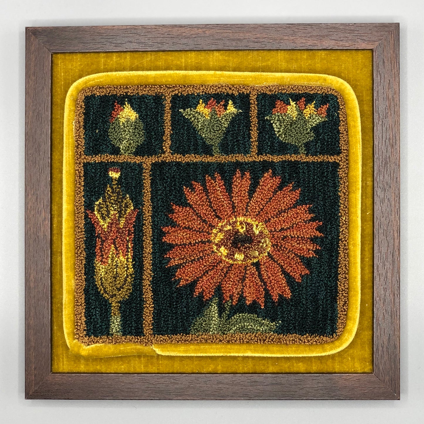 Marigold Punch Needle Pattern With Valdani Thread Kit, available as a paper or cloth pattern by Orphaned Wool. Copyright Kelly Kanyok