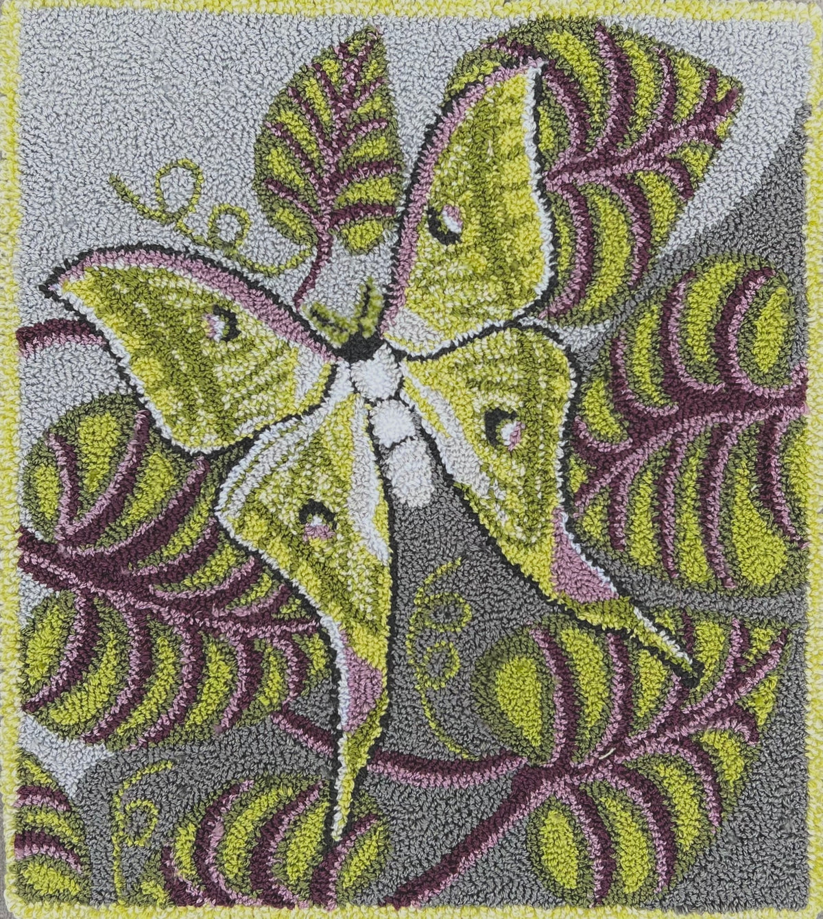Luna Moth- Linen Rug Hooking Pattern by Orphaned Wool. Copyright © 2023 Kelly Kanyok