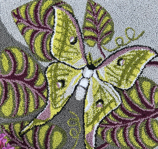 Luna Moth- Linen Rug Hooking Pattern by Orphaned Wool. Copyright © 2023 Kelly Kanyok