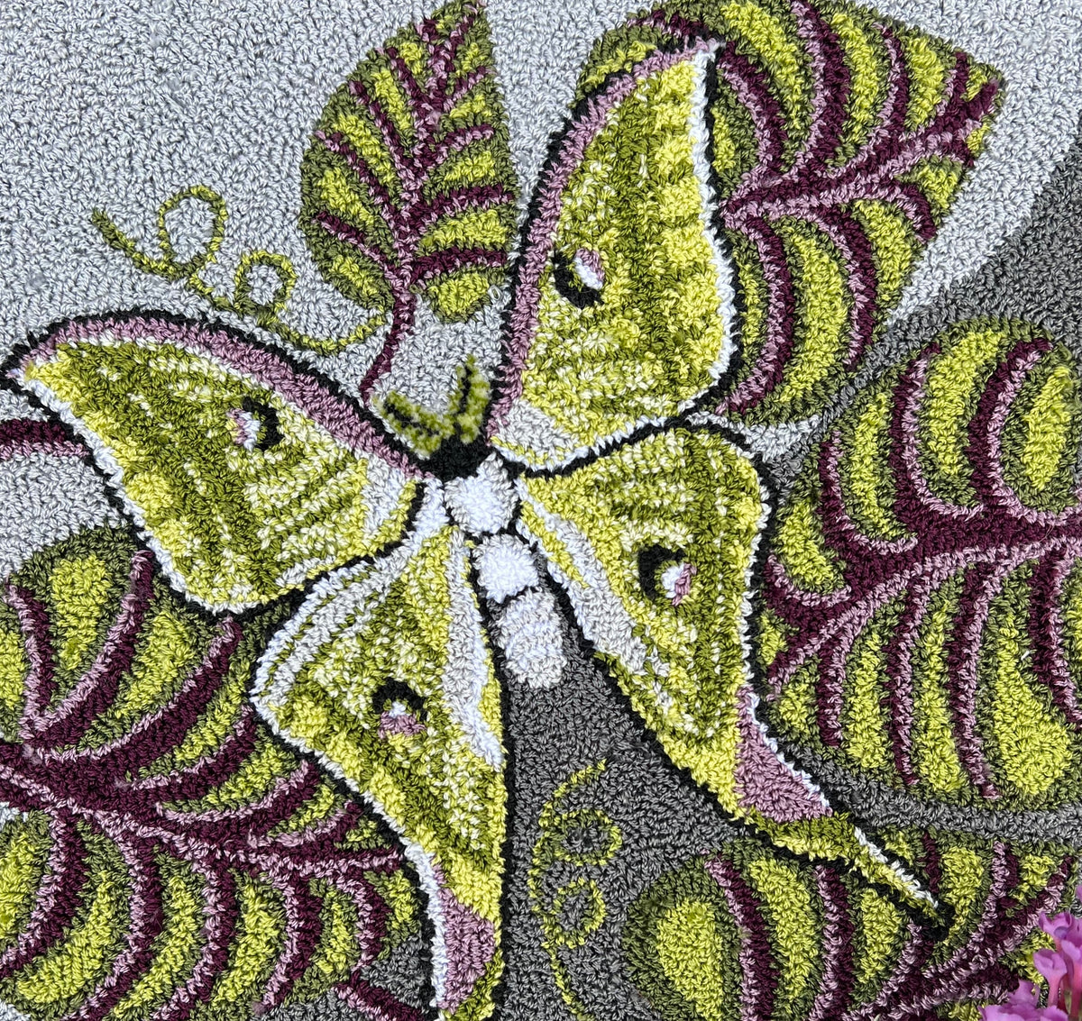 Luna Moth- Linen Rug Hooking Pattern by Orphaned Wool. Copyright © 2023 Kelly Kanyok