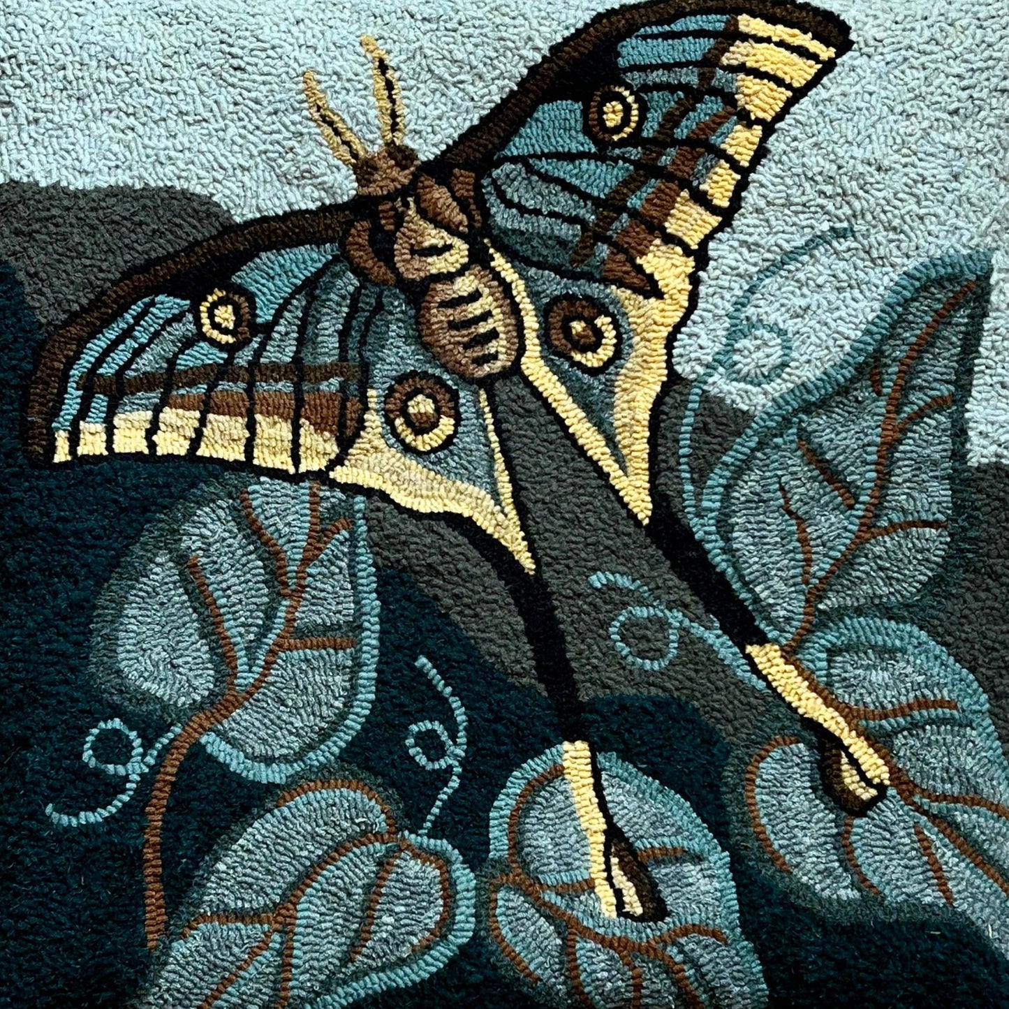  The Spanish Moon Moth- Paper Rug Hooking Pattern by Orphaned Wool, Copyright © 2023 Kelly Kanyok. Create a stunning piece of art with the elegant nature-inspired design of the Spanish Moon Moth pattern.