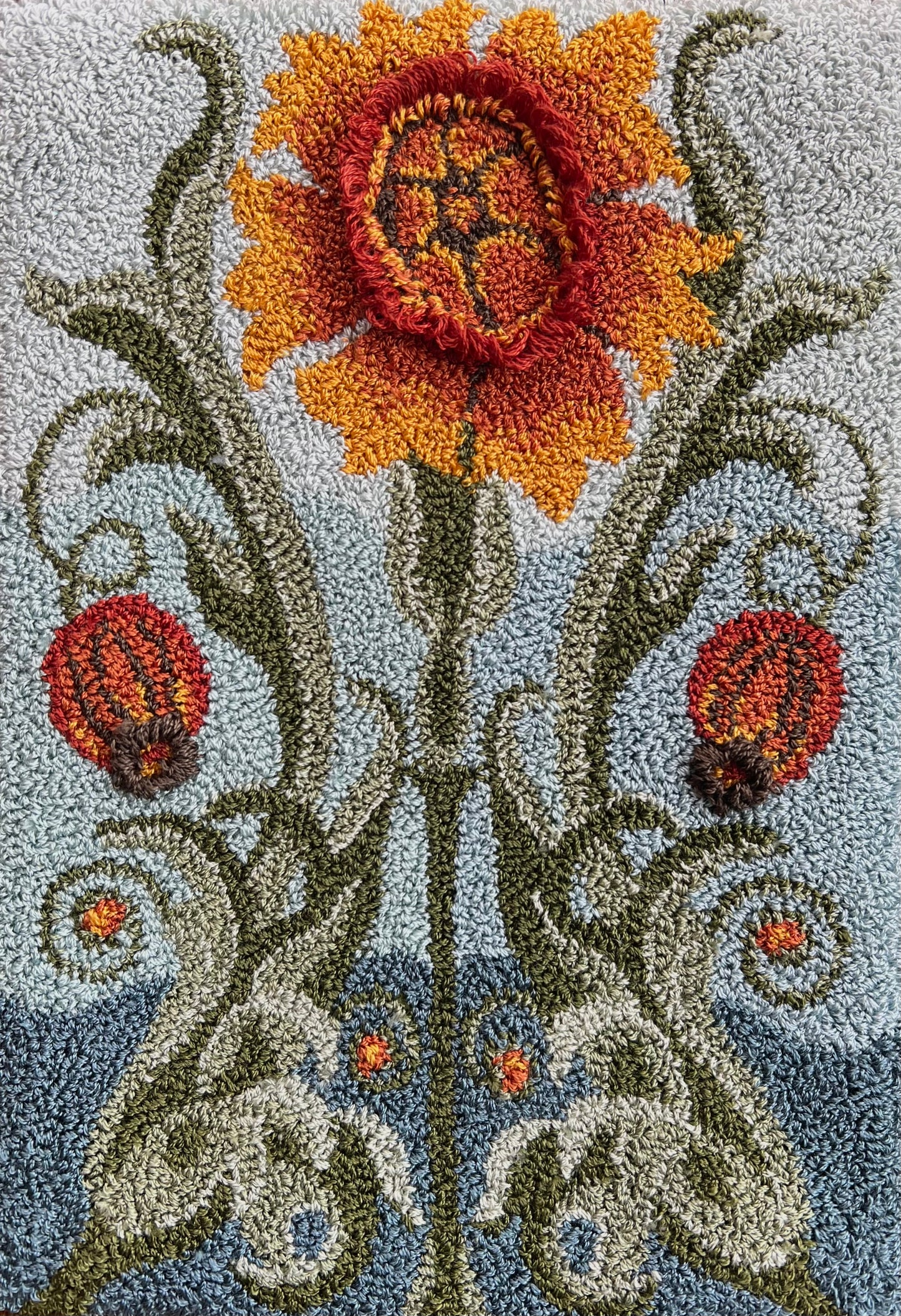 Gilded Blooms Pattern- by Orphaned Wool, copyright 2024 Kelly Kanyok. This is the Autumn design in a four part series of floral seasonal designs. 