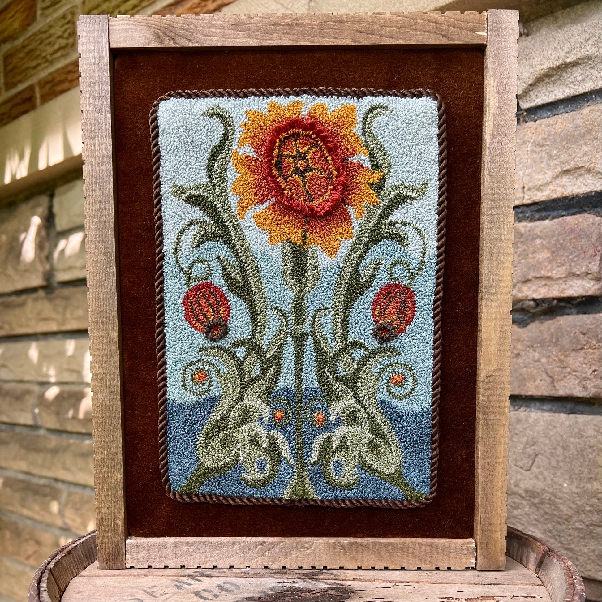 Punch Needle Embroidery Pattern- Gilded Blooms by Orphaned Wool, copyright 2024 Kelly Kanyok. This is the Autumn design in a four part series of floral seasonal designs. 