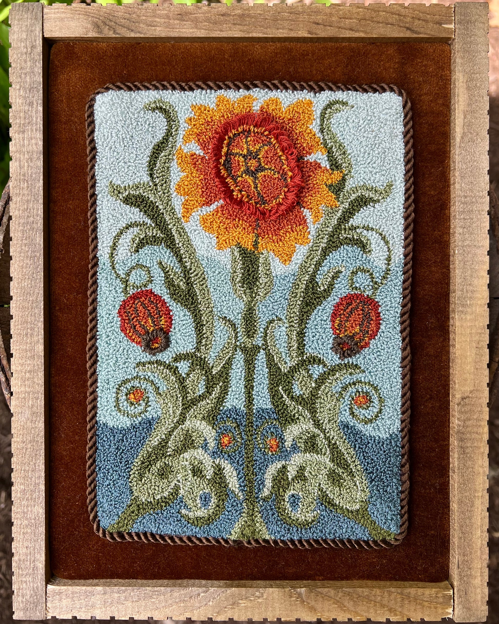 Punch Needle Embroidery Pattern- Gilded Blooms by Orphaned Wool, copyright 2024 Kelly Kanyok. This is the Autumn design in a four part series of floral seasonal designs. 