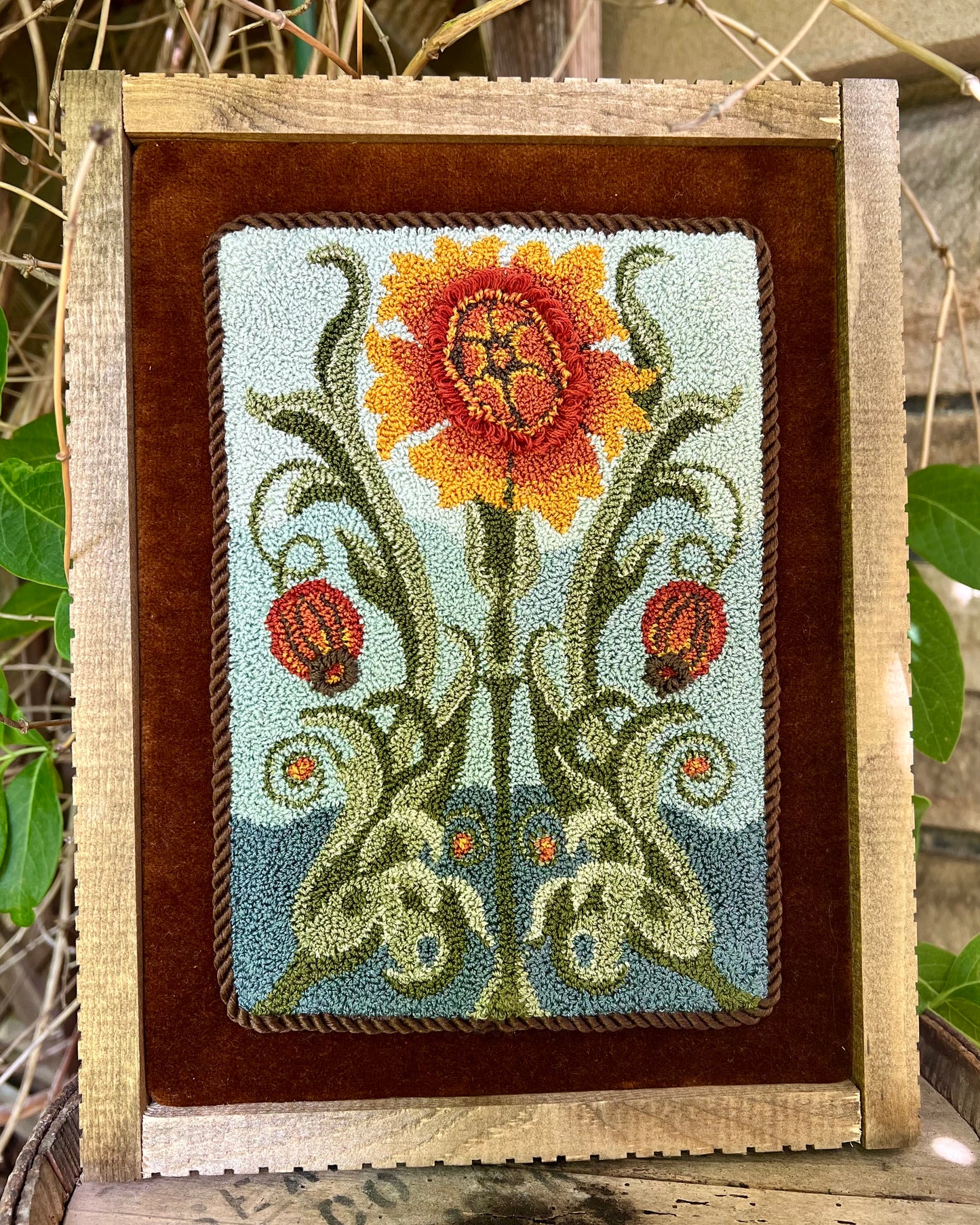 Punch Needle Embroidery Pattern- Gilded Blooms by Orphaned Wool, copyright 2024 Kelly Kanyok. This is the Autumn design in a four part series of floral seasonal designs. 