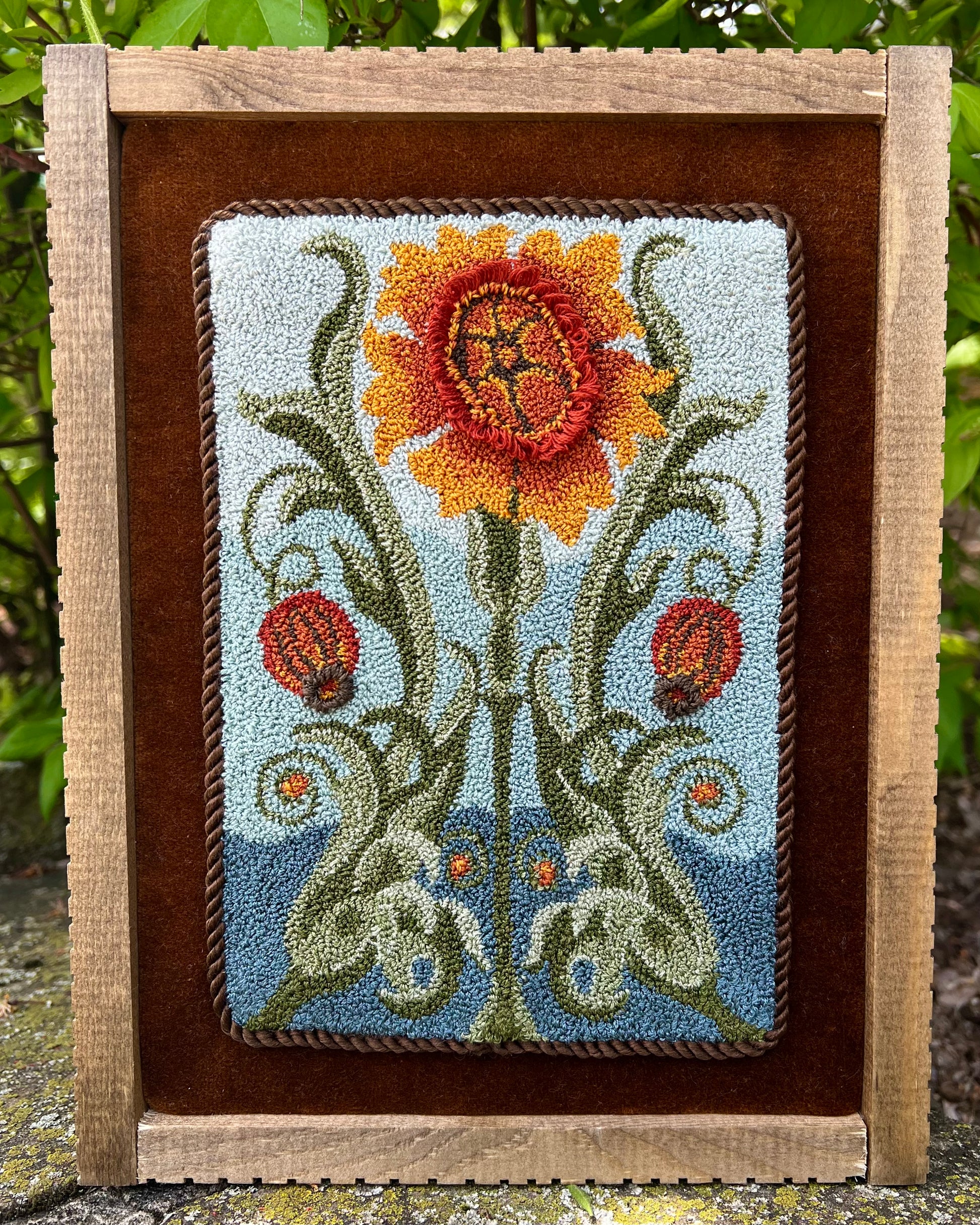 Punch Needle Embroidery Pattern- Gilded Blooms by Orphaned Wool, copyright 2024 Kelly Kanyok. This is the Autumn design in a four part series of floral seasonal designs. 