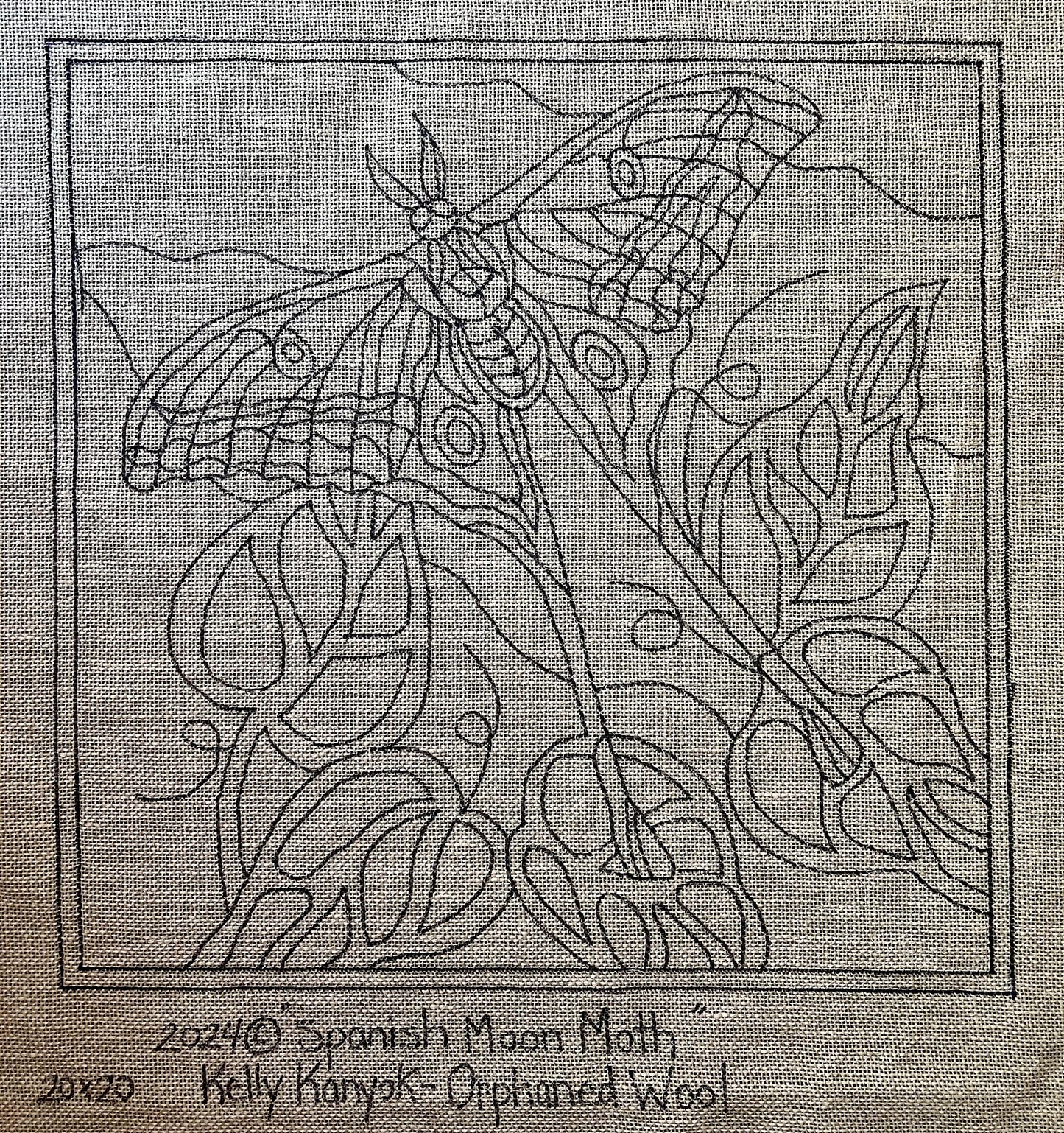  Spanish Moon Moth Linen Rug Hooking Pattern. Copyright 2024 Kelly Kanyok-Orphaned Wool