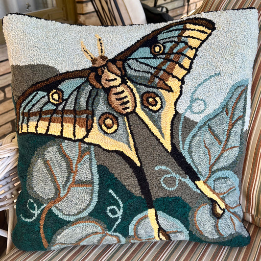 Spanish Moon Moth Linen Rug Hooking Pattern. Copyright 2024 Kelly Kanyok-Orphaned Wool