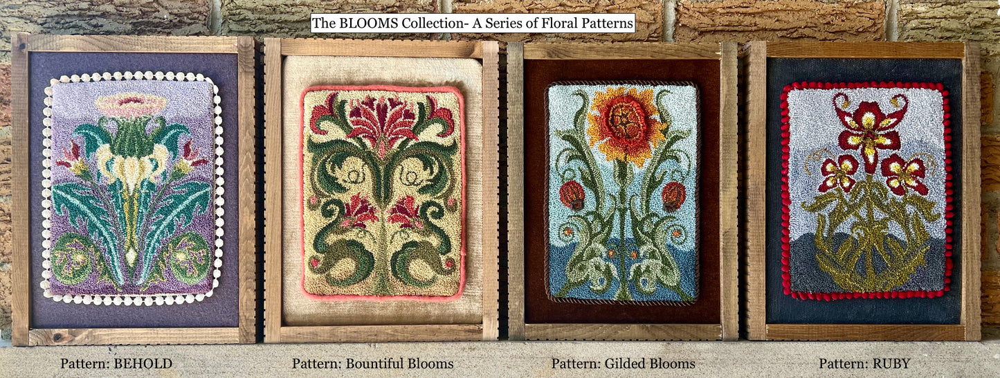Set of four Punch Needle pattern- The floral series by Orphaned Wool Copyright 2024 Kelly Kanyok