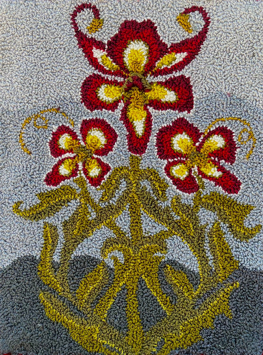 Ruby-A paper rug hooking pattern featuring a floral design with red, gold, and gray blue colors. Orphaned Wool Copyright 2024 Kelly Kanyok
