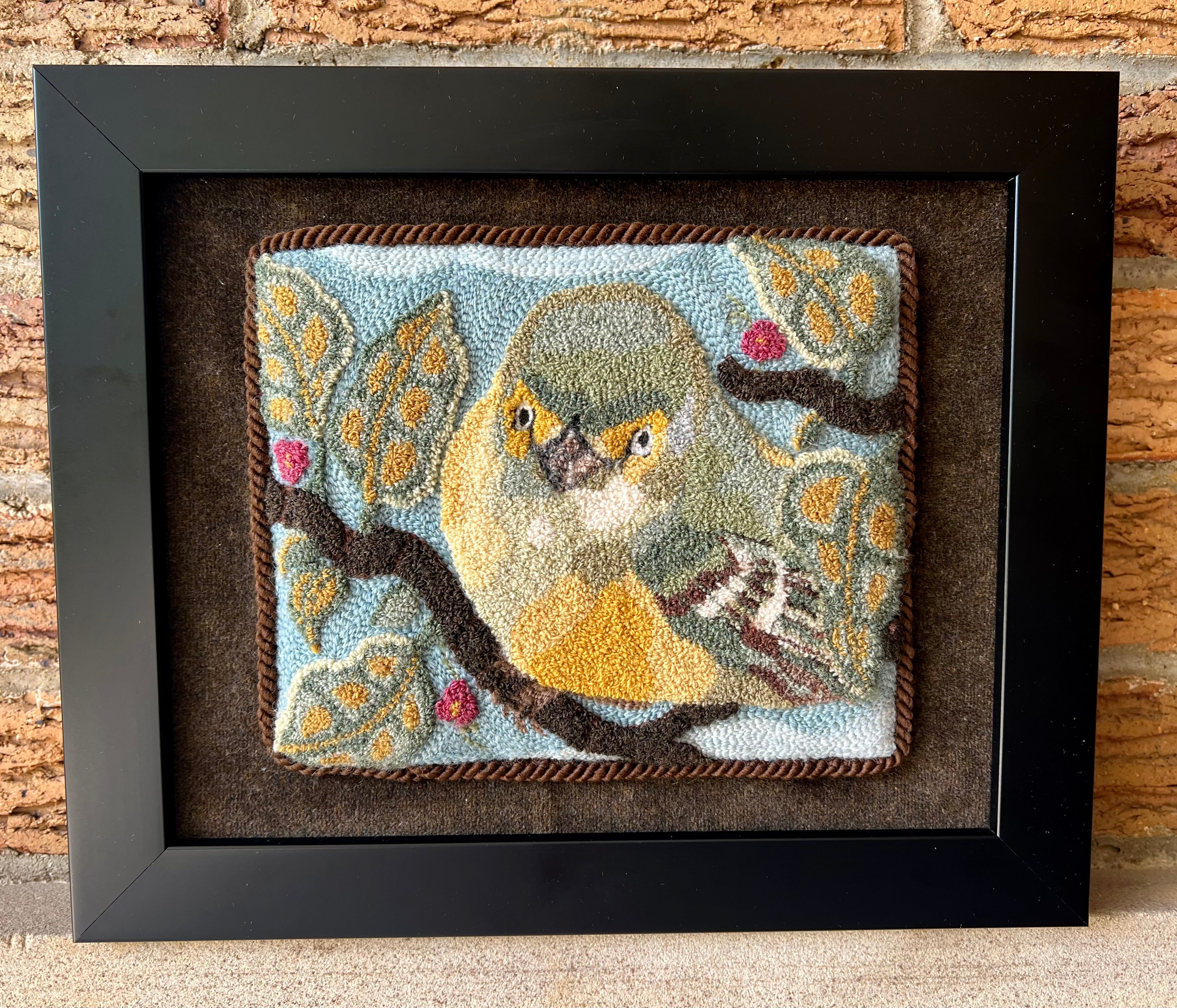 White-Eyed Vireo Bird Punch Needle Embroidery pattern, by Orphaned Wool/ Kelly Kanyok Copyright 2024. All Rights Reserved. This is a lovely pattern featuring a White-eyed Vireo Bird. Punched using DMC Eco-Vita wool threads .