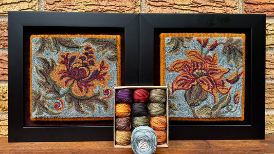 Floral Fusion Kit by Orphaned Wool includes the tow punch needle embroidery patterns Hydrangea and Lily along with a custom Valdani Thread kit to complete both the designs. Copyright 2024 Kelly Kanyok- Orphaned Wool.