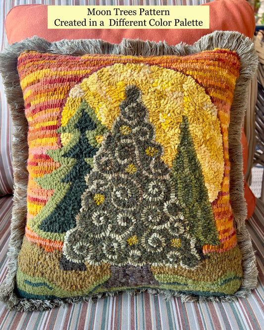  Moon Trees Pattern on Linen for Rug Hooking or Rug Punch Needle by Orphaned Wool. This lovely design is hand drawn on quality linen. Enjoy these colorful trees highlighted by the moon.