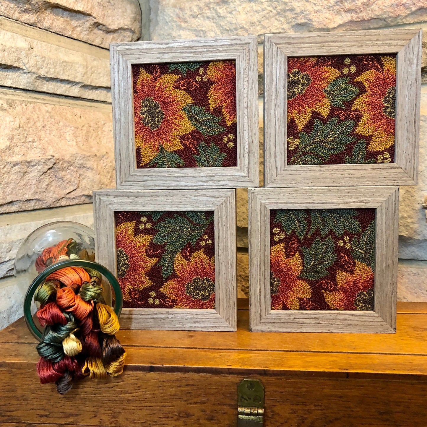 Autumn Glow- Punch Needle Pattern (set of 4) with DMC thread Kit by Orphaned Wool. This is a lovely set of 4 punch needle pattern designed to fit into a 4 x 4 frames. Copyright 2021 Kelly Kanyok- All Rights Reserved.