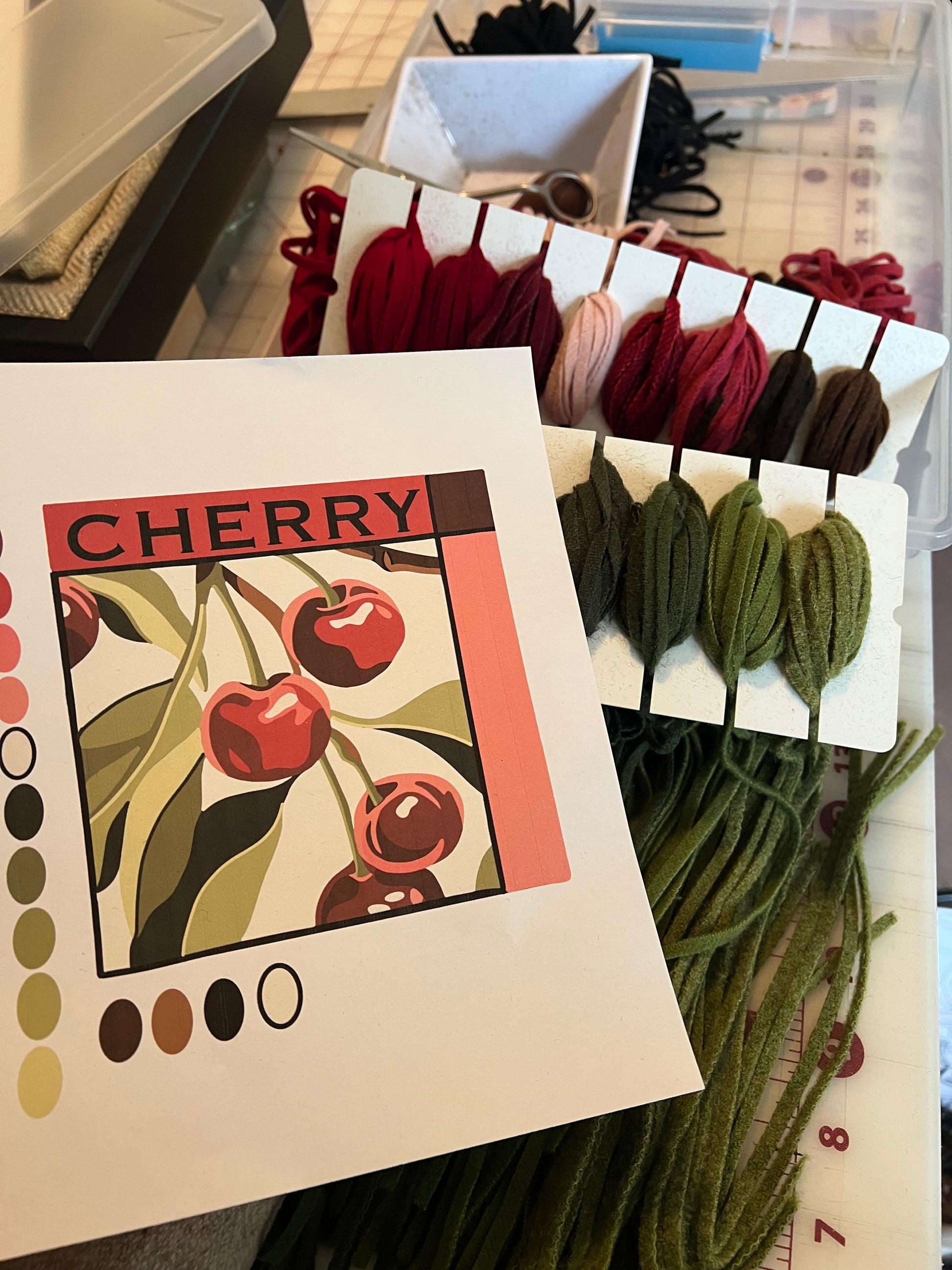 Cherry- Rug Hooking pattern designed for enlargement to customize your size. By Orphaned Wool, copyright © 2025 Kelly Kanyok - All rights reserved. This design is part of a Fruit Series collection, which includes: Lemon, Lime, Cherry, and Peach.  Each pattern is sold separately.