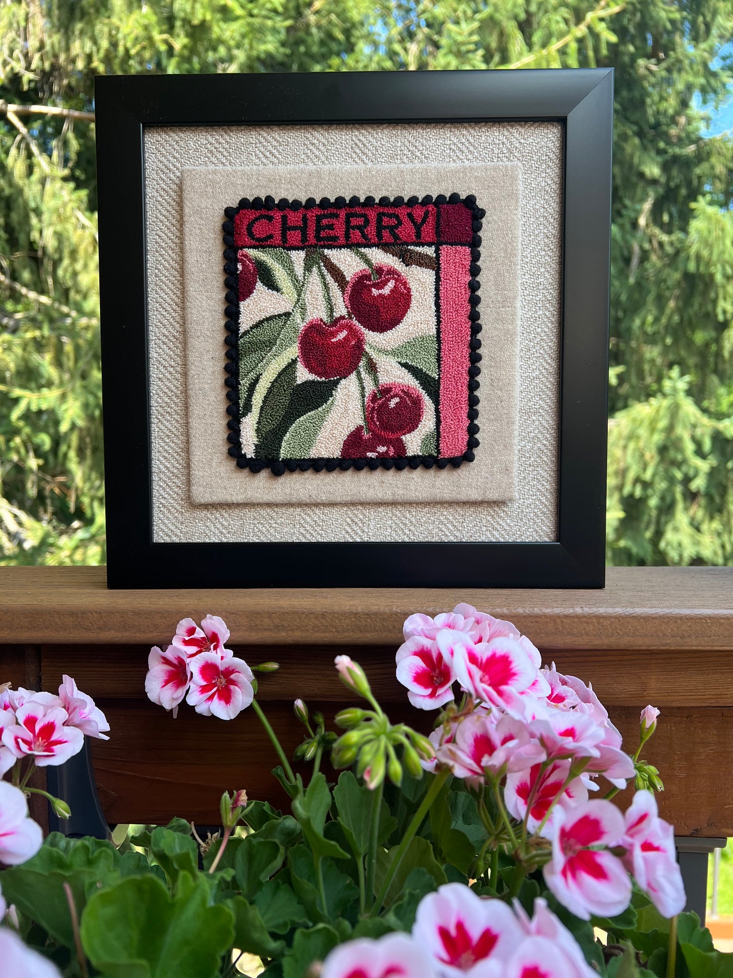 Cherry - PDF Punch Needle Digital Download Pattern by Orphaned Wool, Copyright 2025 Kelly Kanyok. This pattern features a cluster of cherries hanging from a vine with the word "CHERRY" at the top. 