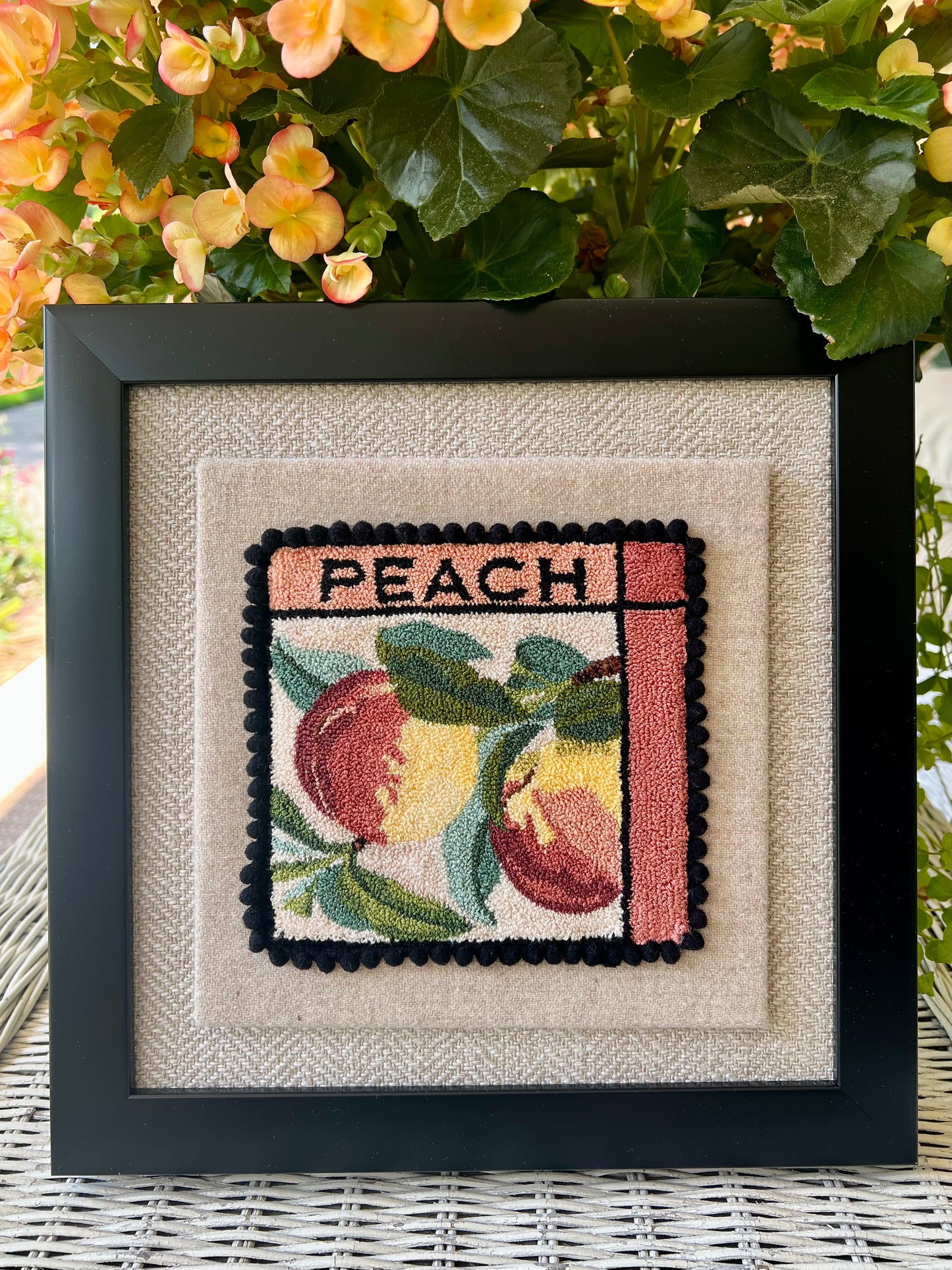 Peach PDF Punch Needle Digital Download pattern by Orphaned Wool, copyright 2025 Kelly Kanyok. This pattern features two colorful peaches along with the word PEACH. Note: Each pattern is sold separately- Part of the Fruit Series


